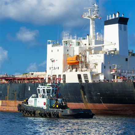 Small ship beside a large container ship in the middle of the ocean